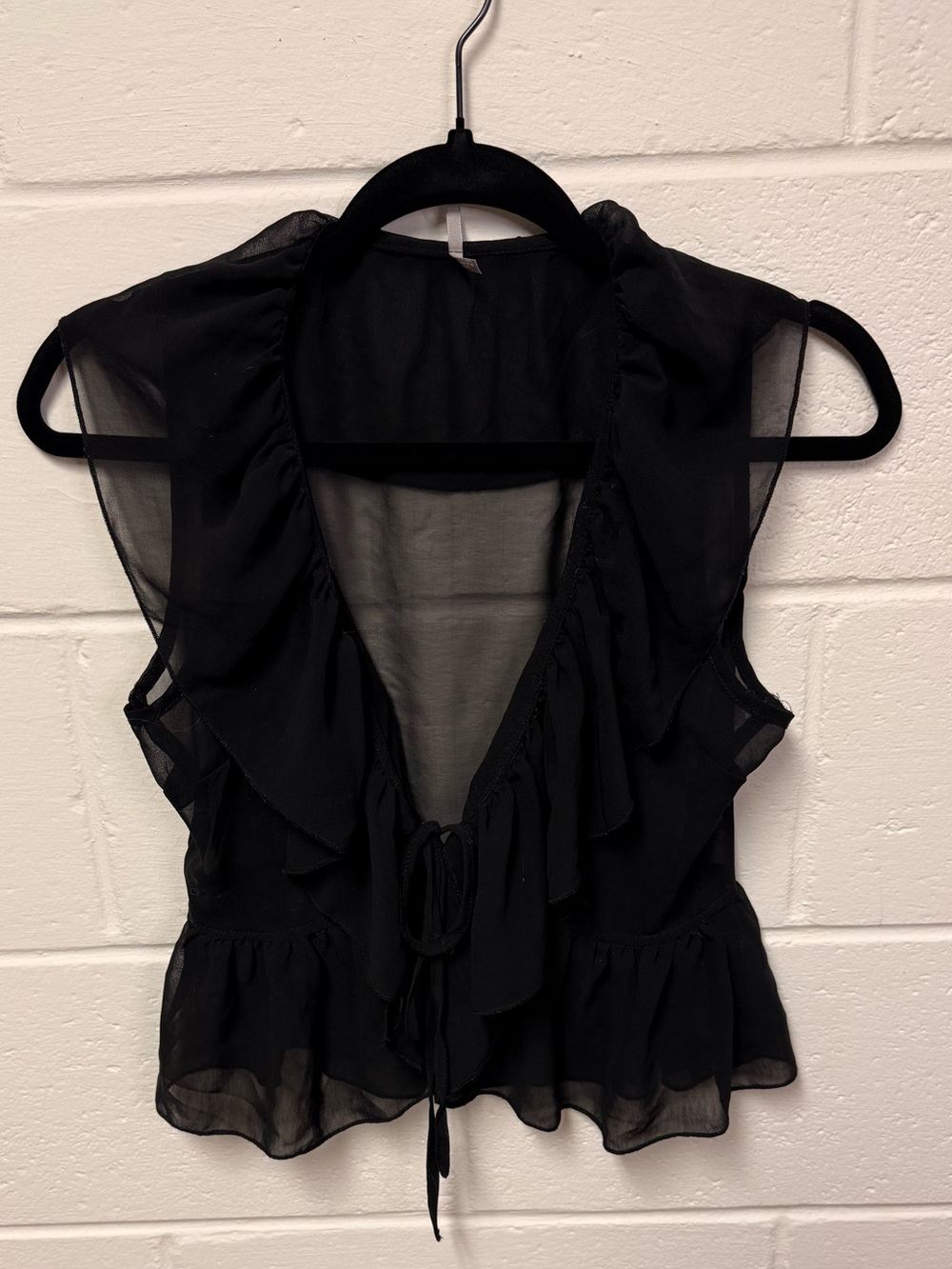 Y2K Sheer Sleeveless Black Ruffle Tie-Front Blouse